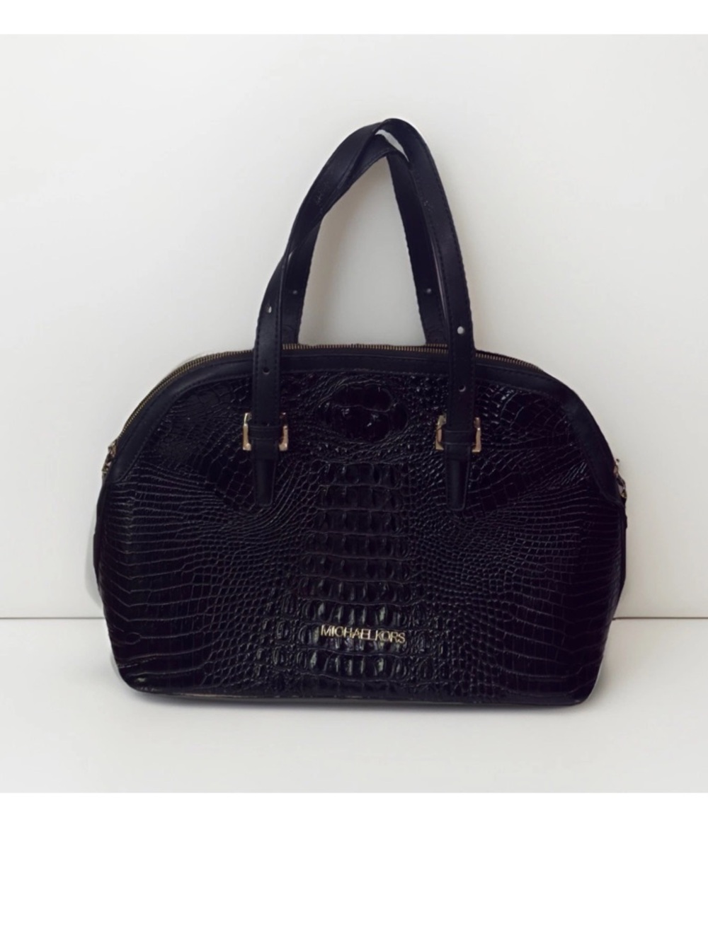 Michael Kors Black Croc-Embossed Satchel with Gold Hardware